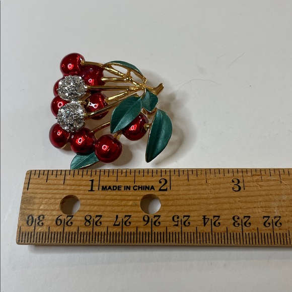 Vintage Gold Tone Enamel Rhinestone Cherry Branch Brooch Pin - Picture 5 of 5